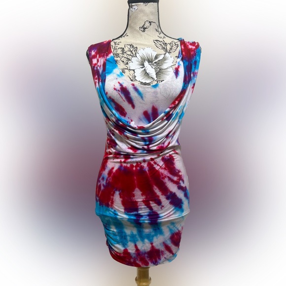 Tie dye white cowl neck mini dress size: small - Picture 3 of 6